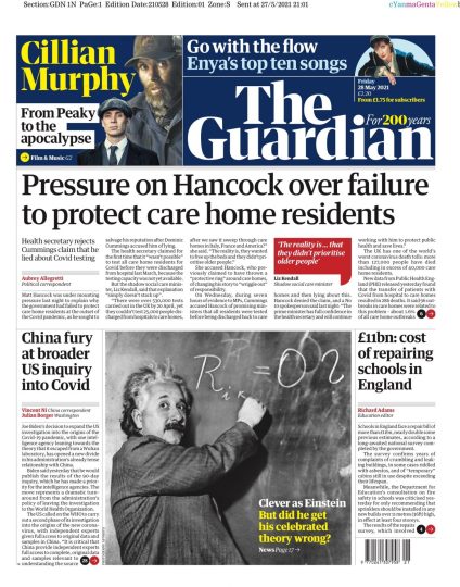 Front page of the Guardian newspaper