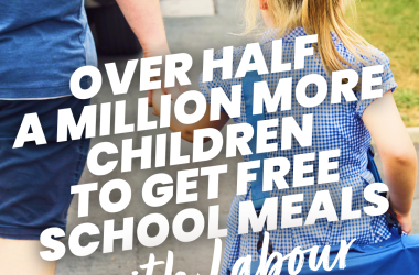 Background photo of a parent/guardian holding a school girl's hand. Text over the image reads: Over half a million more children to get free school meals with Labour.