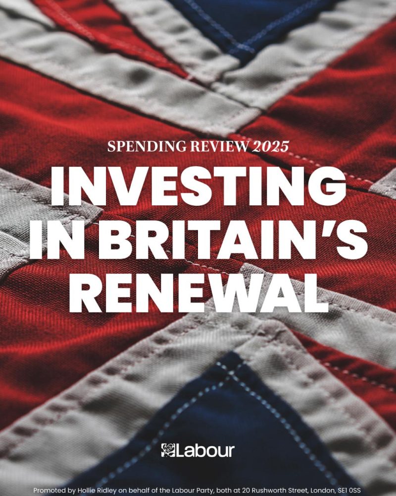 union jack background. Text: Spending Review 2025: Investing in Britain's renewal